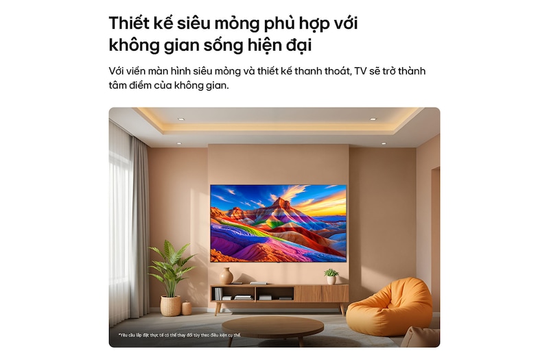 LG OLED AI B6 is wall-mounted in a styled living space, featuring an ultra-slim design with narrow bezels, and it displays a rainbow-toned landscape with layered mountain forms on screen.